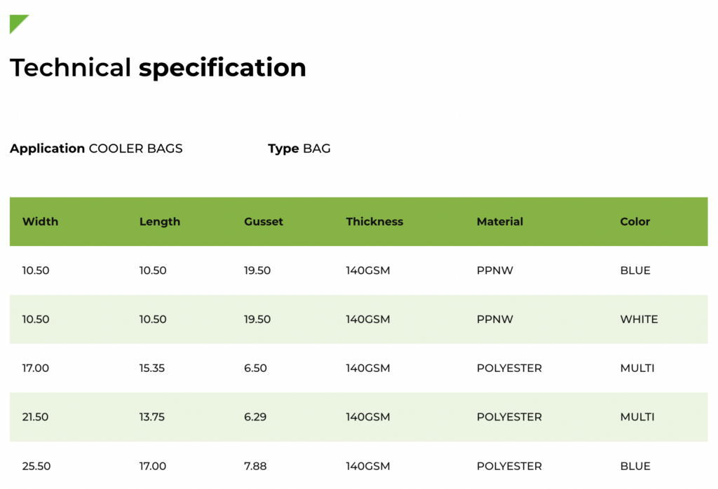 Cooler bag specifications offered by RedibaUSA. 