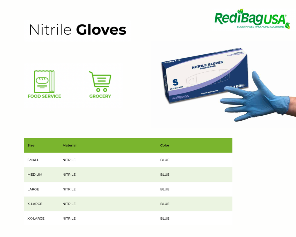 A picture of the best nitrile gloves and its size, material, and color specifications by RedibagUSA manufacturer.