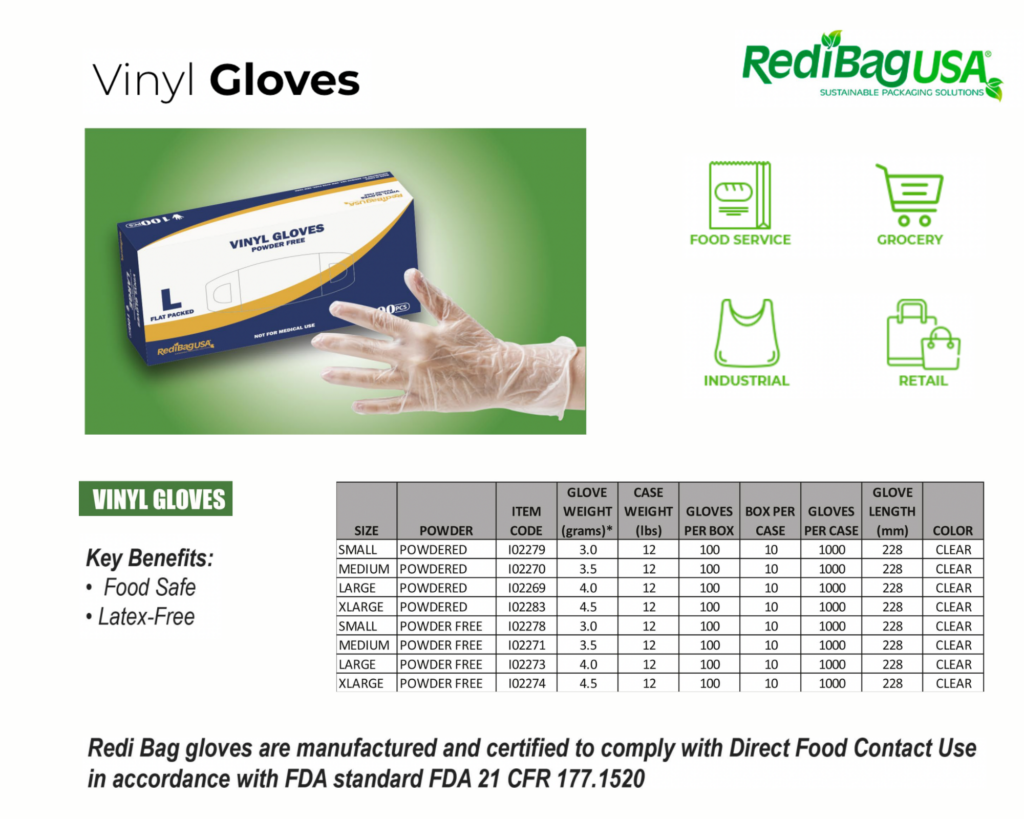 An image of vinyl gloves and its specifications by RedibagUSA.