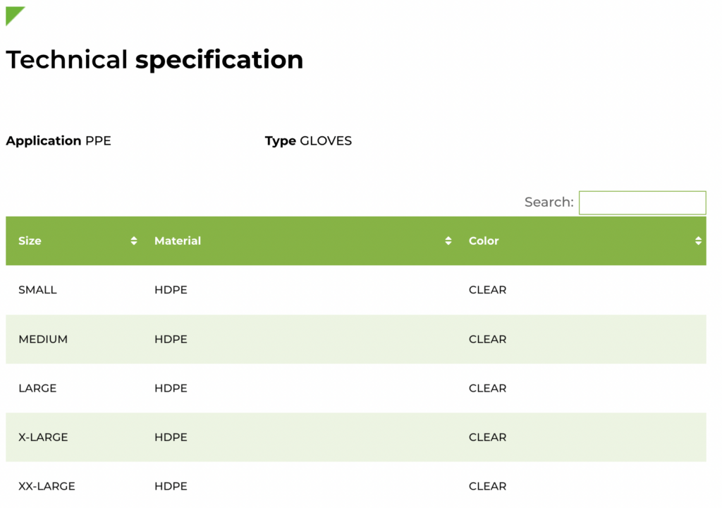 A table showing the specifications of PE gloves by RedibagUSA.