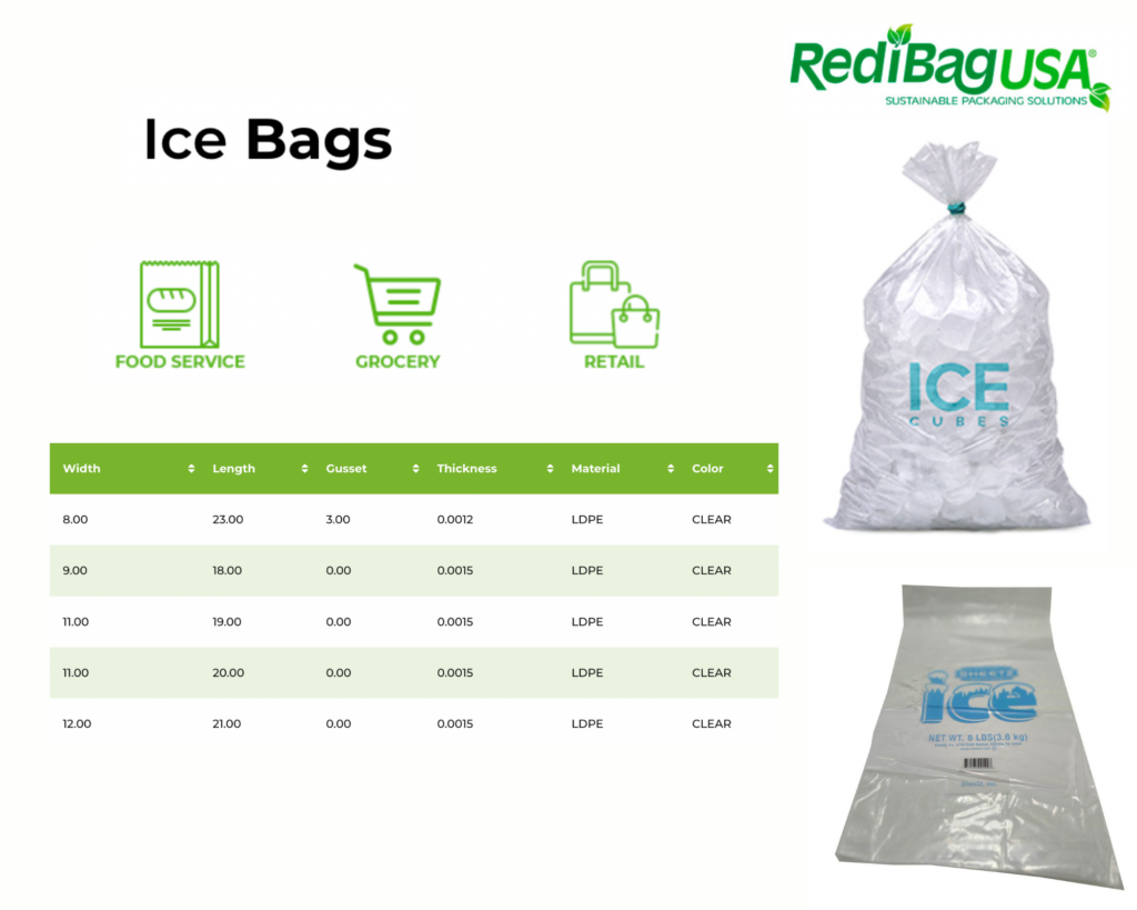 The image shows various types of ice bags offered by RedibagUSA.