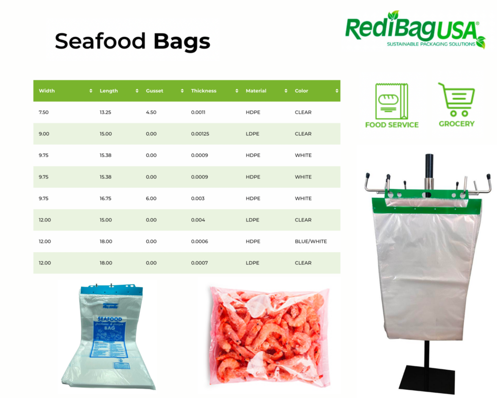 Types of seafood bags offered by RedibagUSA.