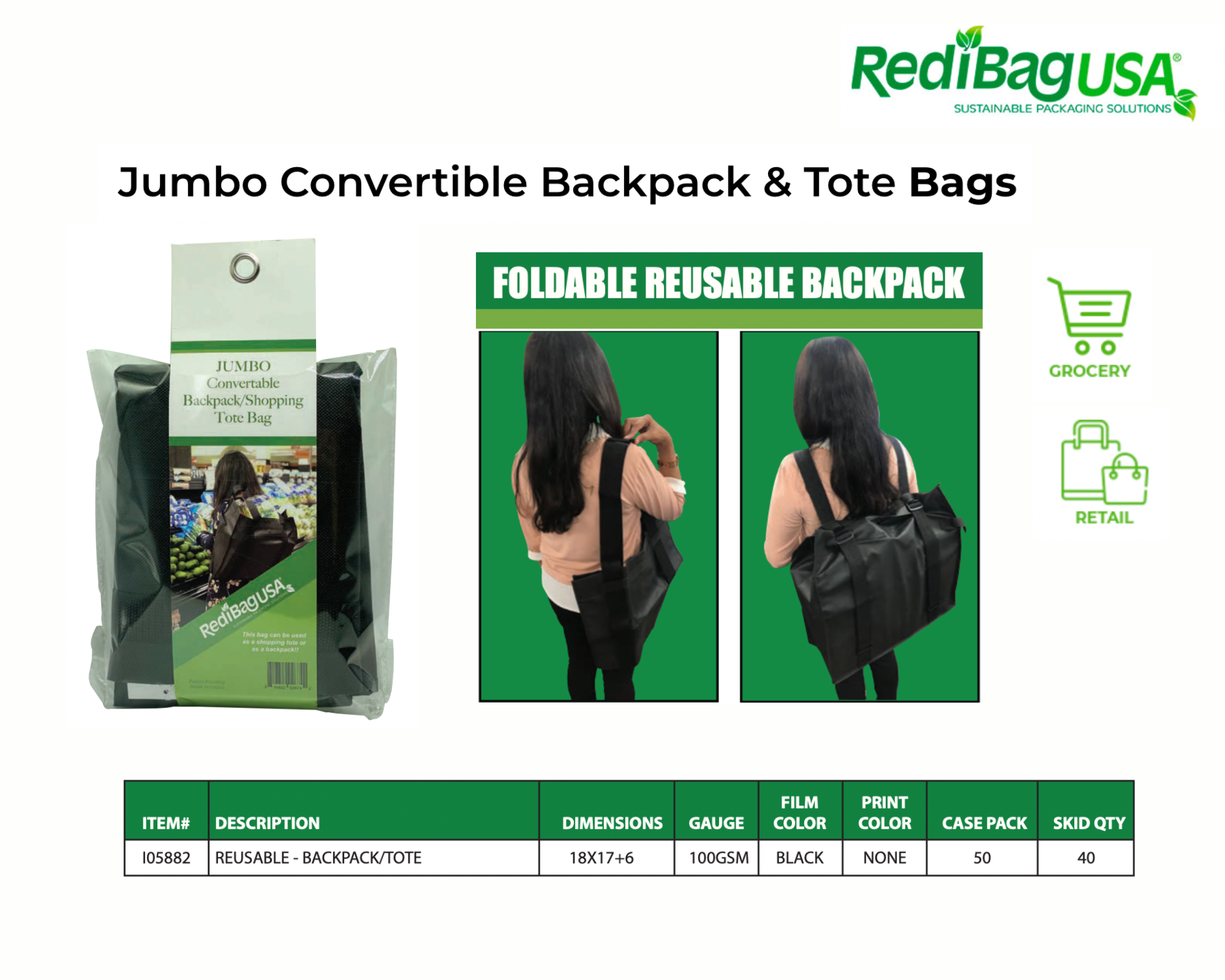 An image describing the specifications, uses, and sizes of convertible bags from RedibagUSA.