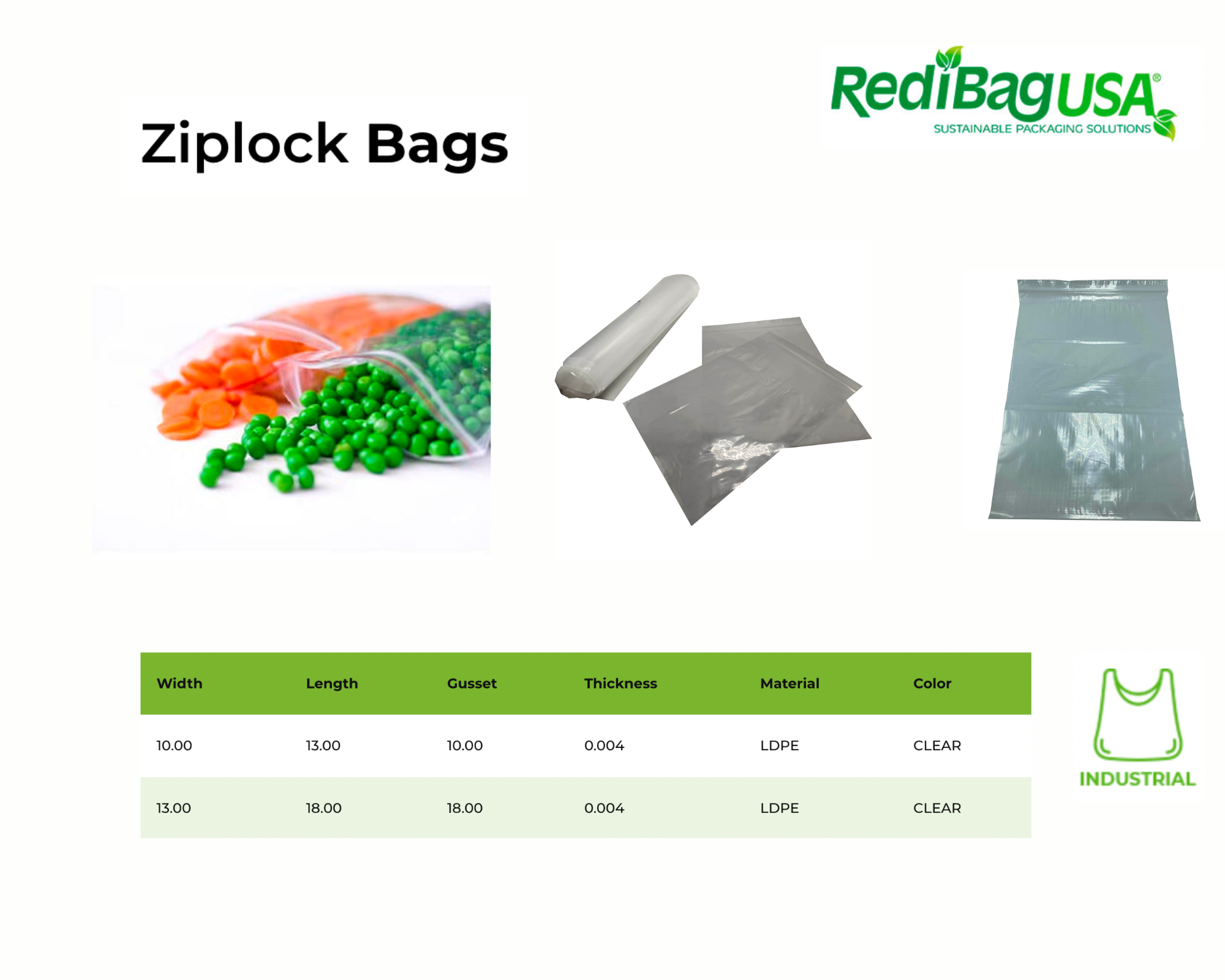 The image shows RedibagUSA's ziplock bag details and specifications.