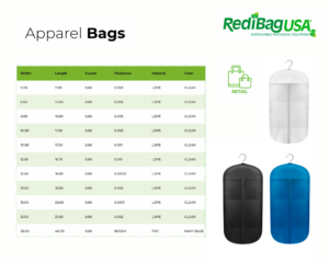 Image depicts apparel bag specifications and available colors by RedibagUSA.