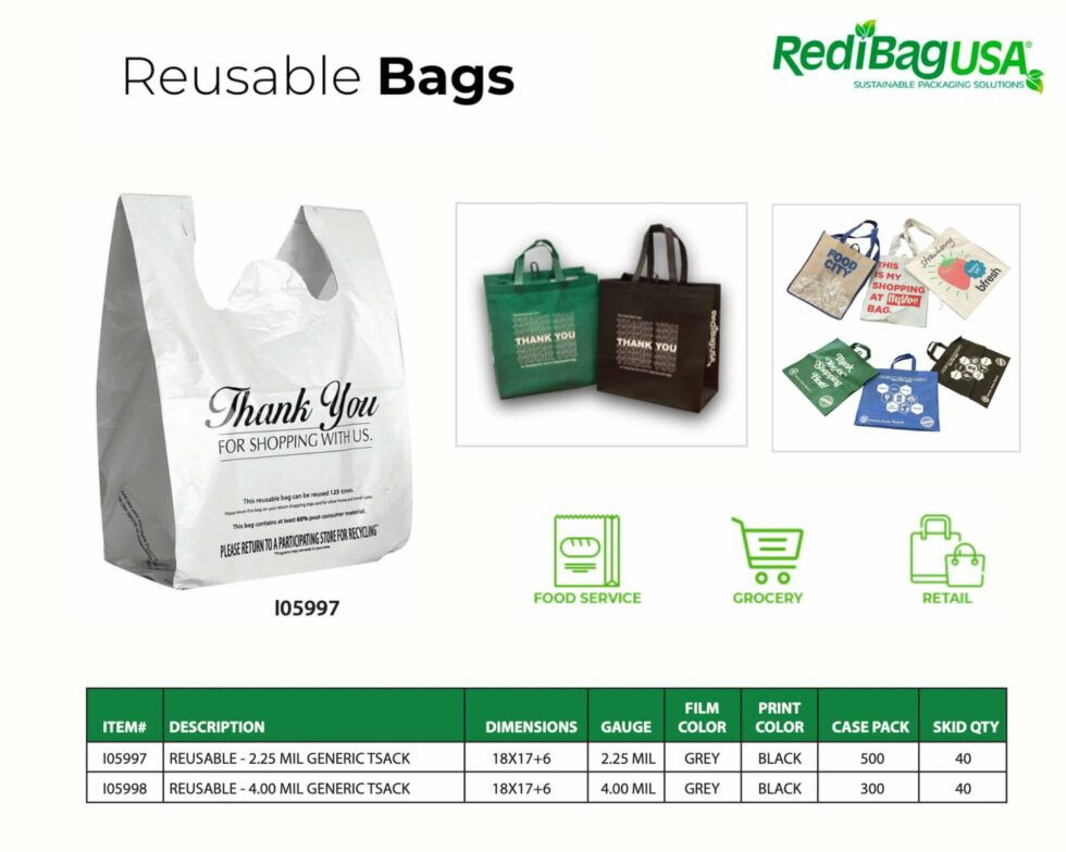 Specification details, images, and available options of RedibagUSA's reusable bags. 