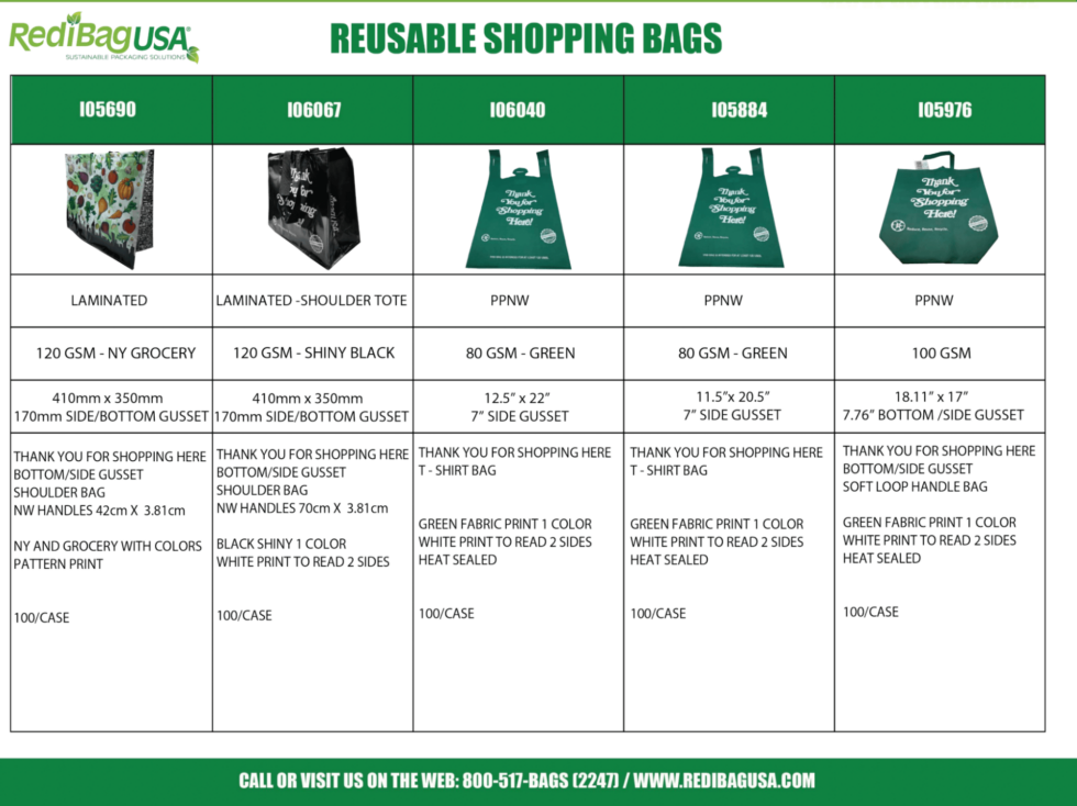 Detailed specs of RedibagUSA's reusable bags. 